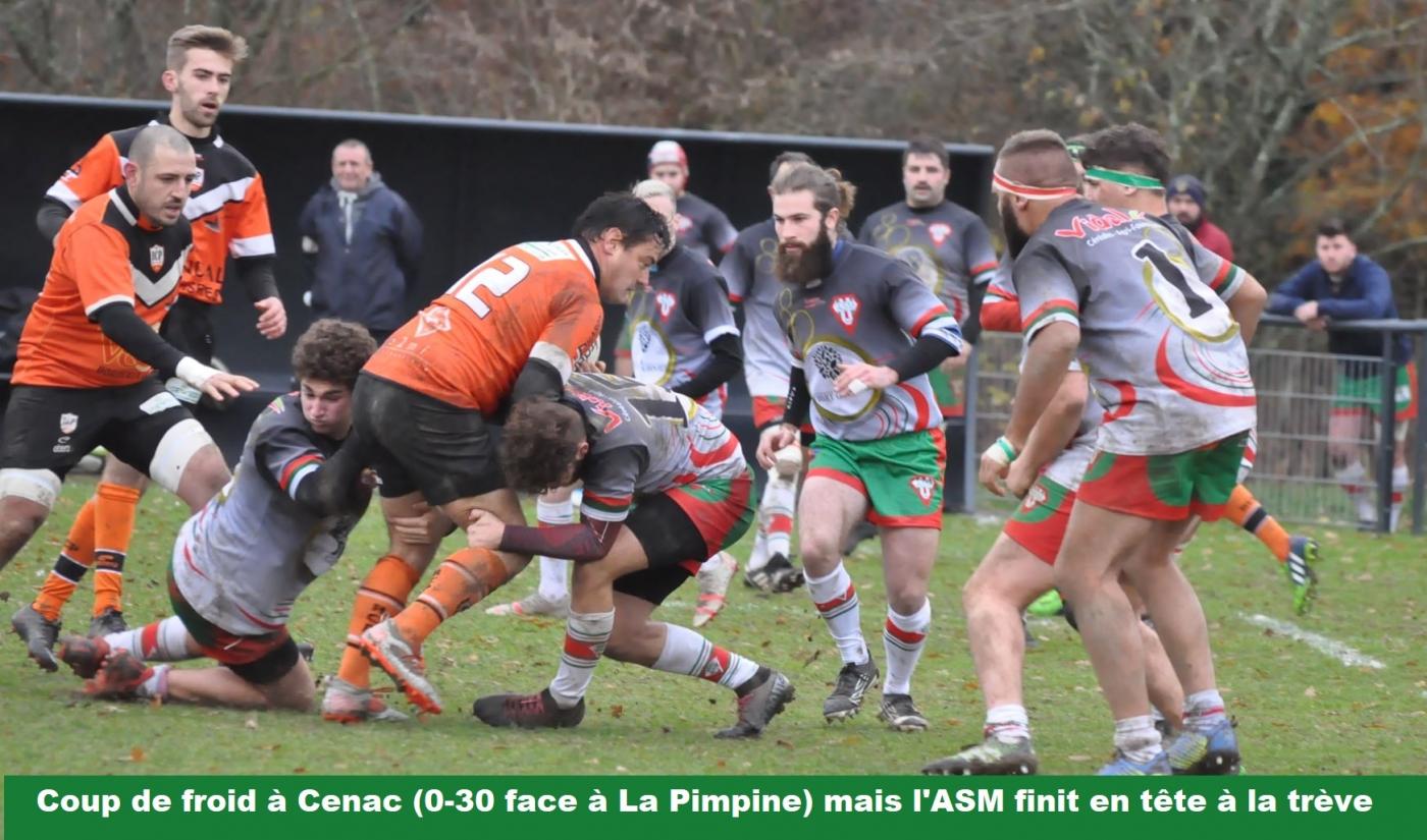Après avoir enchanté son public à domicile face à Eymet l' ASM a été stoppée brutalement en Gironde par l'équipe de "la Pimpine" (0 à 28) dans la froide grisaille de Cénac. Cueillis a froid d'emblée par un coup franc de 50 mètres, les rouge et vert vaillants en défense mais privés de ballons et trop fébriles pour conclure leurs rares occasions ont du subir les assauts répétés d'une équipe très dynamique au jeu complet, encaissant 3 essais au total. La trêve est bienvenue jusqu'en janvier, pour récupérer blessés et suspendus. L' ASM conserve toutefois la tête du championnat.
