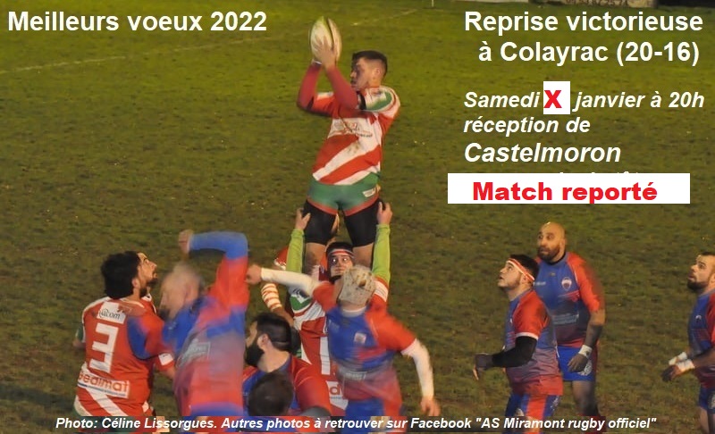 8 janvier Reprise victorieuse à Colayrac.. On craignait cette reprise au coeur de la vague épidémique. Les rouge et vert étaient bien au rendez-vous par cette froide soirée pluvieuse pour continuer la course en tête en cette première saison du deuxième centenaire. Le match de samedi 15 janvier à 20h au stade Jean Carretier pour accueillir Castelmoron à finalement été reporté à deux reprises la demande de ces derniers (cas COvid)...Le prochain match est désormais prévu à Duras le 30 janvier.