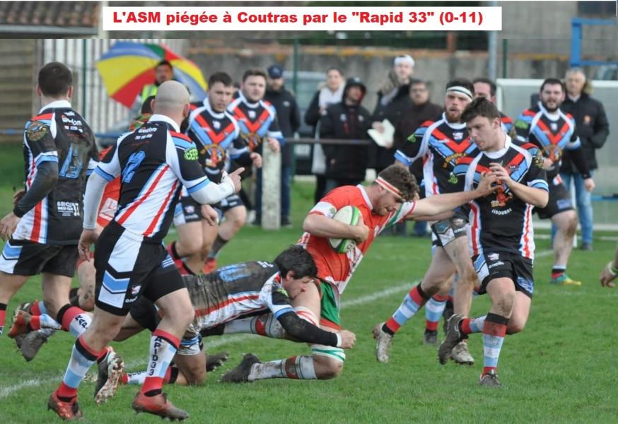 20 février. Rapid 33 piège l' ASM (11-0). L'ASM a bien débuté la partie par quelques "groupés" percutants de bon augure puis, après une longue interruption dûe à la blessure de son jeune demi de mêlée Houzé, elle a peu à peu subi la domination du Rapid 33 dans un match haché par de nombreuses maladresses de part et d'autre avec un score bloqué à 0-3 jusqu'à l'heure de jeu. Les Rouge et vert ont alors repris le dessus en fin de match acculant leurs adversaires sur sa ligne mais pêchant par excès de précipitation jusqu'à encaisser un essai en contre à la dernière minute.. L'équipe n'a pas manqué de combativité dans ce match qui était à sa portée mais Il faudra retrouver discipline et concentration pour ne pas s'exposer à de nouvelles déconvenues.