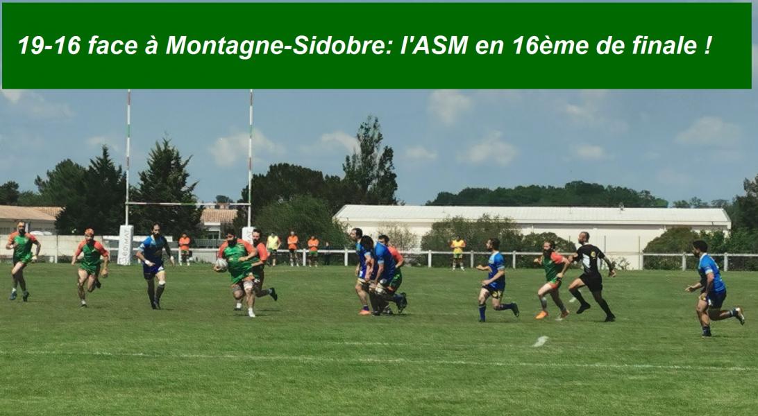 14 mai: l' ASM poursuit sa route et se qualifie pour les 16e de finale du championnat de France face aux Tarnais de Sidobre Montagne. Au stade Jean Carretier sur une parfaite pelouse et un temps idéal, les deux équipes se sont livrées à un duel acharné (13 à 13 à la mi-temps avec un essai de part et d'autre). En deuxième période, face au vent et malgré les généreuses offensives adverses, la bonne défense et le travail d'usure des avants de l'ASM finissaient par obtenir deux coups francs pour l'emporter finalement par 19 à 16. Nul doute que l'envie et la solidarité affichée à ce stade de la compétition les prépare à affronter avec confiance le prochain obstacle vers le titre national. Photo: l'essai de Cyril Picard.