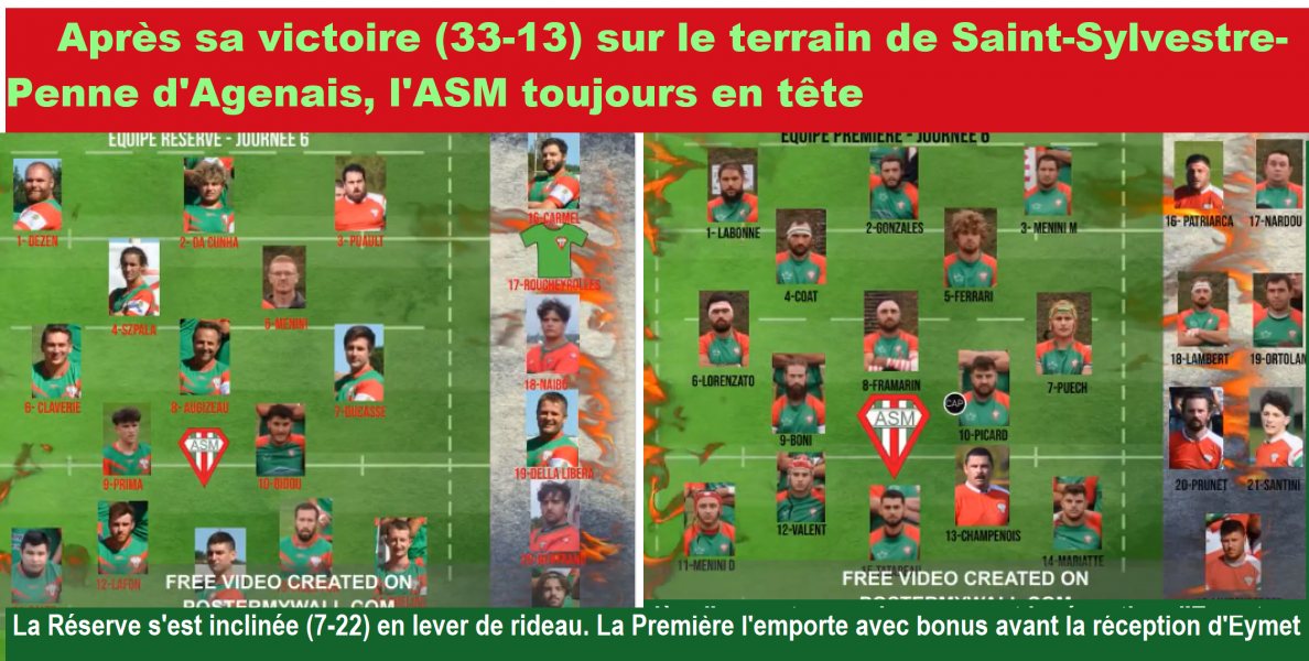 6 novembre: victoire 33 -13 à Saint-Sylvestre (AS Penne-St-Sylvestre). L'automne ensoleillé se poursuit pour l'ASM qui l'emporte avec bonus sur le terrain de la lanterne rouge. Il a fallu cependant une demi-heure de domination stérile avant de marquer le premier des cinq essais miramontais face à une équipe vaillante en défense. Une victoire nette qui aurait pu être encore plus large sans quelques abus de jeu au pied privant de belles offensives de parenir derrière la ligne.