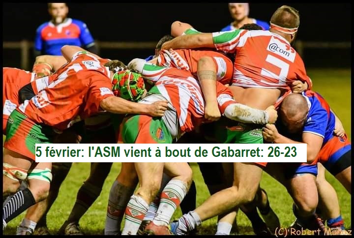 Miramont recevait Gabarret samedi soir et les Landais avaient fait le déplacement dans l'intention de gagner le match retour mais c'était sans compter sur la vaillance des joueurs miramontais. A la mi-temps Gabarret mène 18-14, le match est équilibré. Le jeu collectif bien maîtrisé permet aux joueurs de Miramont de marquer 4 essais dont 3 transformés. Gabarret pratique un jeu rapide et grâce à la vitesse de ses lignes arrières inscrit 3 essais. Le buteur de Gabarret n'a pas été en réussite hier et Miramont s'impose sur le score serré de 26 à 23 . Félicitations à tous les joueurs car pour produire un beau rugby il faut toujours 2 bonnes équipes et un bon arbitrage, c'était le cas hier soir. L'ASM deuxième avec 2 matchs en retard a son destin en mains