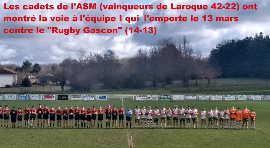 Victoire par 14 à 13 à l'issue de cette rencontre à gros enjeu pour l ASM qui recevait la solide équipe de "Rugby gascon" ( issue de l' entente Captieux-Grignols). Sur un terrain détrempé les deux équipes ont tour à tour dominé la rencontre. Les Landais mènent à la mi-temps (10 à 6) mais, sous le soleil revenu en deuxième mi-temps, l' opiniâtreté des Miramontais à été récompensée par un essai victorieux à la dernière minute. L' ASM est troisième à deux journées de la fin du championnat.