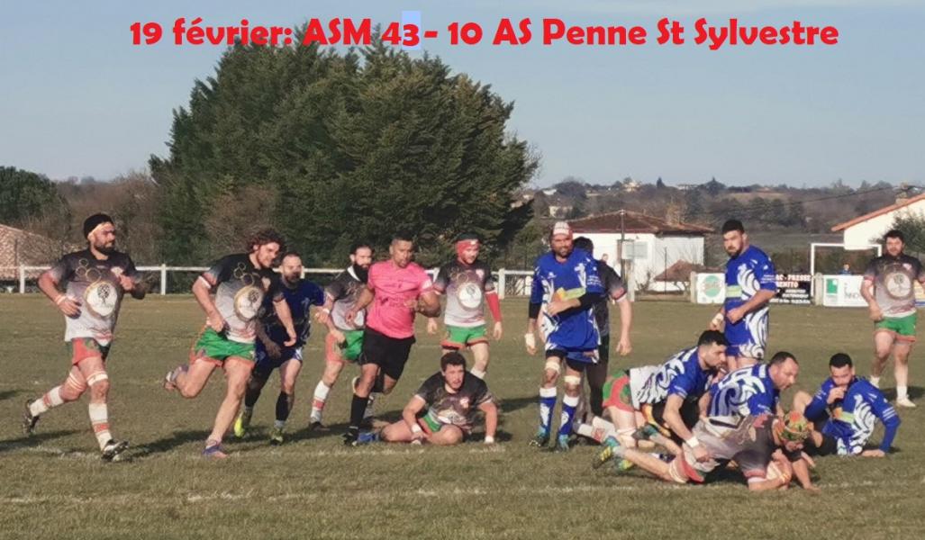 Par 6 essais à 1 l'ASM n'a pas manqué ce rendez-vous face à un adversaire qui a donné du fil à retordre durant une heure (10-3 seulement à la mi-temps). Le travail collectif de percussion des avants autour notamment d'Enzo Ferrari qui ont amené 1 essai de pénalité et 2 essais de Raphaêl Puech et des accélérations décisives en fin de match avec notamment la rentrée de Clément Rigaud pour un magnifique essai de d'Enzo Santini ont cependant permis de finir avec une large victoire bonifiée. A deux journées de la fin, avant d'aller défier Eymet le 5 mars, l'ASM a rejoint Issigeac à la tête du classement... La Réserve s'est également imposée (40 à 10) au erme d'une brillante partie à quinze.