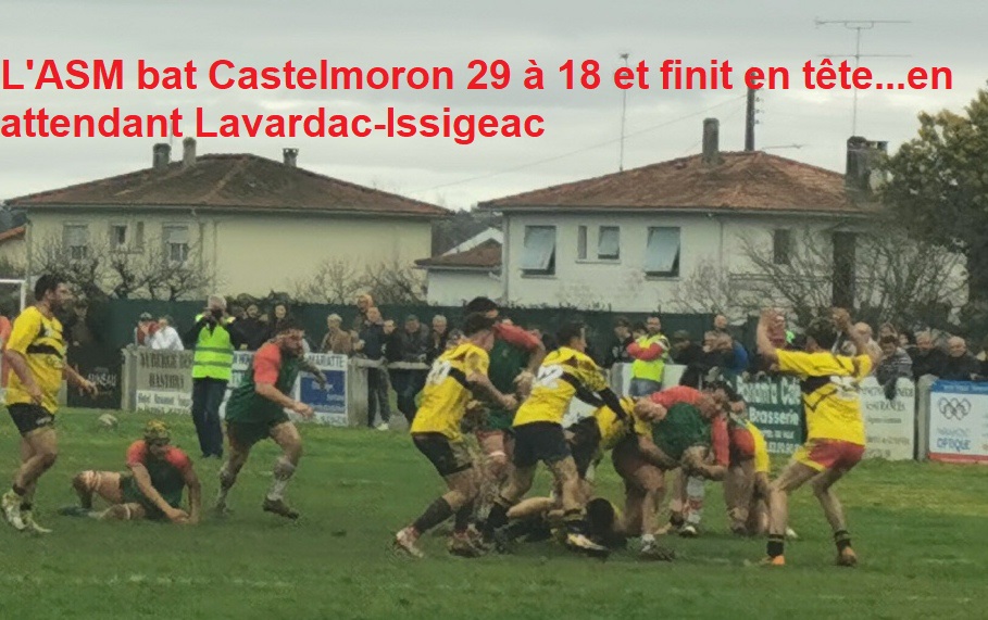 Pour son dernier match de poule l'ASM s'est imposée face à Castelmoron par 29 à 18, et termine en tête. La victoire ayant été obtenue cependant sans "bonus" malgré les 4 essais marqués (sur la photo Samir est tout proche du cinquième...), il faut donc attendre la rencontre entre Lavardac et Issigeac la semaine prochaine pour savoir qui accédera à la division supérieure. La réserve avait montré la voie en s'imposant 10 à 6 en lever de rideau face à un nombreux public (500 personne au stade Jean Carretier). Suspense donc !