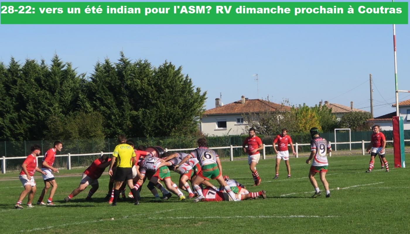 Belle et chaude journée d'automne au stade Jean Carretier où l' ASM a triomphé de La Capelle au terme d'un match très disputé: 28 à 22. Si Miramont démarrait fort avec un essai du jeune Santini les "Capelains" maintinrent le contact tout au long de la partie, jouant leur va-tout sans complexe, répliquant par deux essais de mouvement aux deux autres essais de l'ASM inscrites par Gibert et un essai de pénalité après avoir mis en difficulté le pack adverse sur sa ligne (photo jointe). Journée marquée par les retours de Framarin et Nardou chez les avants et une meilleure assurance prise par les jeunes en trois quarts. Ont attend le prolongement de l'été indien, à Coutras en Charente dimanche prochain puis à domicile le 15 novembre et le très attendu derby avec Eymet le 6 décembre.