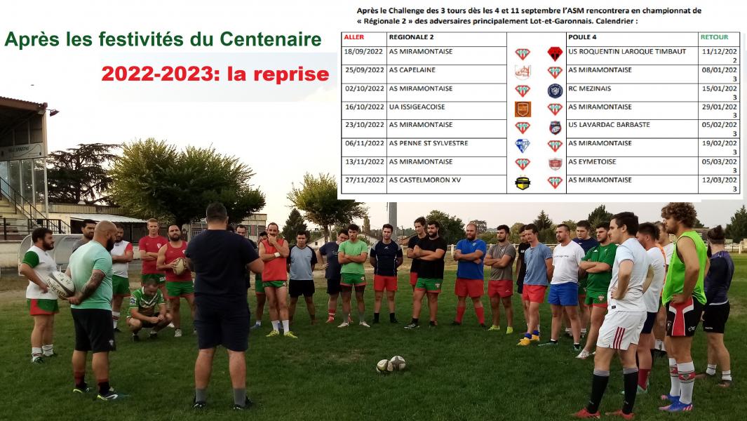 La reprise. Après un été chargé de festivités du Centenaire, du 14 juillet et du 15 août, l'ASM retrouve le terrain: affectifs renforcés, nouveaux entraîneurs pour l'équipe I (BENJAMIN SICAUD et CLEMENT RIGAUD, Xavier AUDU devant nous quitter pour une mobilité professionnelle), entraînements mardi et jeudi soirs, encadrement mobilisé pour les équipes de jeunes et école de rugby... .