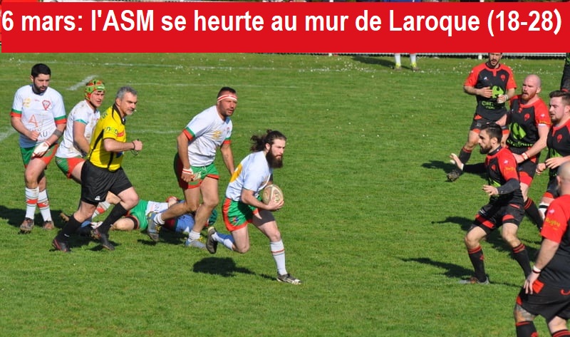 Laroque Timbaut / ASM (28-18). Face à des "Roquentins" déterminés à prendre leur revanche du match aller, les Miramontais ont subi la première mi-temps. Menés 5 à 28 à la pause ils sont bien réagi en deuxième mi-temps où leur belle remontée n'a cependant pas suffi. Score final 18-28. La réception de "Rugby Gascon" le 13 mars s'annonce décisive pour rejoindre la tête du classement.