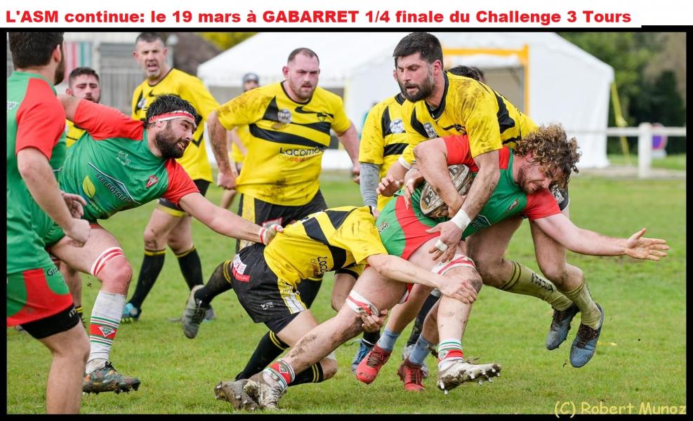 Le 12 mars pour son dernier match de poule l'ASM s'est imposée face à Castelmoron par 29 à 18, et termine en tête. La victoire ayant été obtenue cependant sans "bonus" malgré les 4 essais marqués (sur la photo Samir est tout proche du cinquième...), il faut donc attendre la rencontre entre Lavardac et Issigeac la semaine prochaine pour savoir qui accédera à la division supérieure. La réserve avait montré la voie en s'imposant 10 à 6 en lever de rideau face à un nombreux public (500 personne au stade Jean Carretier). Suspense donc !
