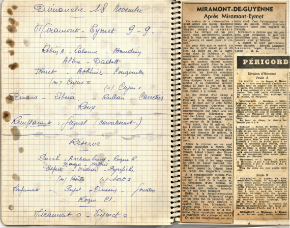 Il y a 60 ans: le premier match entre MIRAMONT et EYMET alors que l'ASM vient de passer du XIII au XV et débute en division d'Honneur. Document retrouvé grâce aux carnets de Jacky Roux, alors secrétaire de l'ASM.