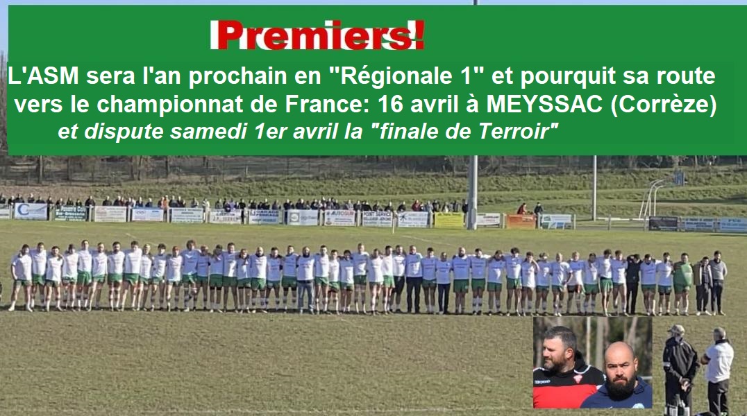 26 mars: l'ASM finit en tête de la poule 4 et accède à la "Régionale 1" de la Nouvelle Aquitaine, après qu'aucun de ses deux poursuivants Lavardac et Issigeac n'a pu obtenir une victoire bonifiée (24 à 22 pour Lavardac) Très bonne nouvelle qui vient récompenser une saison pleine de satisfactions après les ébranlements des "années Covid": - l'effectif des seniors s'est étoffé avec un amalgame réussi entre les anciens et la promotion de jeunes, sous la houlette du tandem d'entraîneurs Benjamin Sicaud et Clément Rigaud. L'équipe 1 a pu compter en outre sur une équipe réserve qui a manqué les deux années passées, reconstituée avec des jeunes parfois débutants et des anciens revenus avec enthousiasme pour disputer un championnat complet; Respect et solidarité, manifestées en particulier après la tragique disparition de Fabien Mariatte, sont sans doute la recette du succès qui peut encore se poursuivre dans les prochaines semaines avec la phase finale du championnat au niveau national qui se préparera dès samedi prochain à Penne avec la "coupe des Terroirs". En médaillon, les nouveaux entraîneurs de l'équipe 1 avec Benjamin SICAUD, 34 ans, arrivé cette année avec sa solide expérience acquise en tant qu'athlétique "pilier" à Marmande et Casteljaloux, et Clément RIGAUD promu entraîneur des lignes arrières après avoir officié depuis plusieurs années au poste de N° 10 où sa précision et sa maîtrise du geste juste ont été unanimement appréciées, Bien que débutants, tous deux semblent avoir apporté une bénéfique sérénité qui n'est pas étrangère aux bons résultats de la saison.premiers-et-entraineurs-