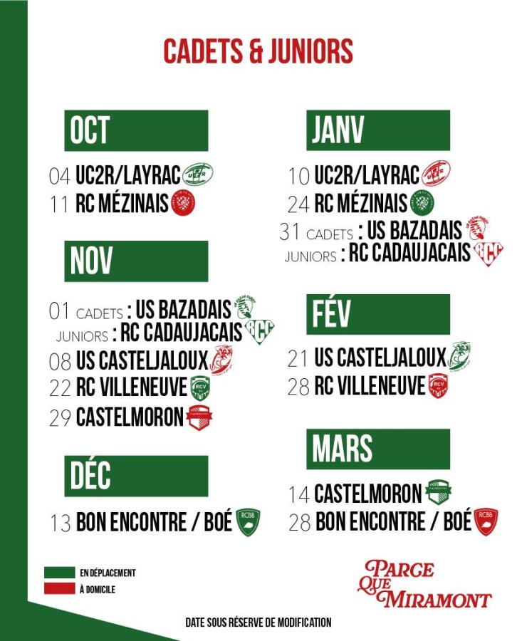 Calendrier cadets et juniors