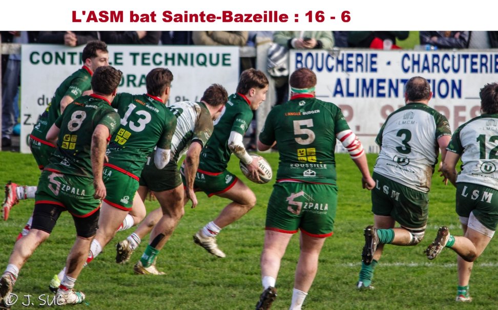 8 février: ASM 16 -10 Sainte-Bazeille. l'ASM s'est imposée devant une affluence record au stade Jean Carretier (600 personnes) . Ce derby très attendu face à une équipe qui a dominé le début de la saison s'est joué à un rythme soutenu, les Miramontais ayant brillé par leurs enchaînements d'avants et un bel essai de relance des trois-quarts, pour résister au retour des Bazeillais multipliant leurs attaques en fin de match, en vain. Photo Jo SUC et en fin de diaporama