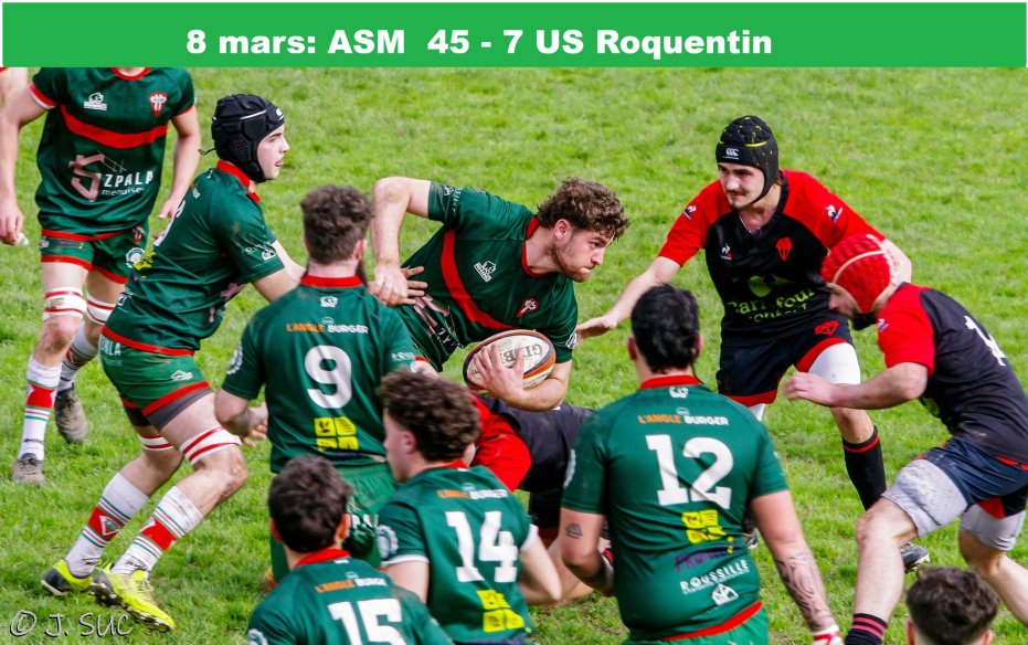 ASM 45-7 US Roquentin. L'ASM a facilement dominé la partie contre les derniers du classement marquant 4 essais dans les vingt premières minutes. Match plaisant car par la suite l'US Roquentin a pu faire bonne figure sans mettre l'ASM en danger. Photos Jo Suc en fin de diaporama